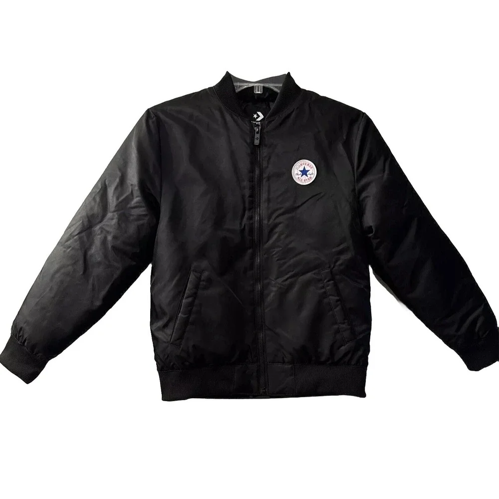Vtg Converse Bomber Jacket Satin Logo On Back Black Youth Sz M Zipper 10-12 Yrs